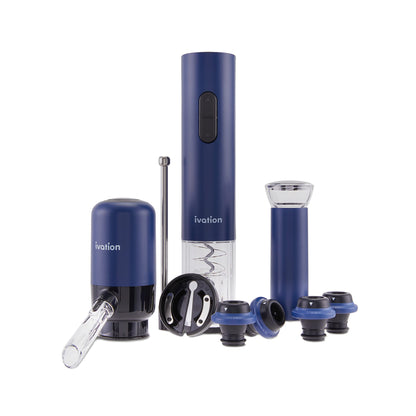 Ivation All-in-One Wine Set | Wine Accessory Kit with Automatic Electric Bottle Opener Battery-Powered Aerator Dispenser Wine Preserver Pump 2 Reusable Cork Stoppers Foil Cutter & Gift Box
